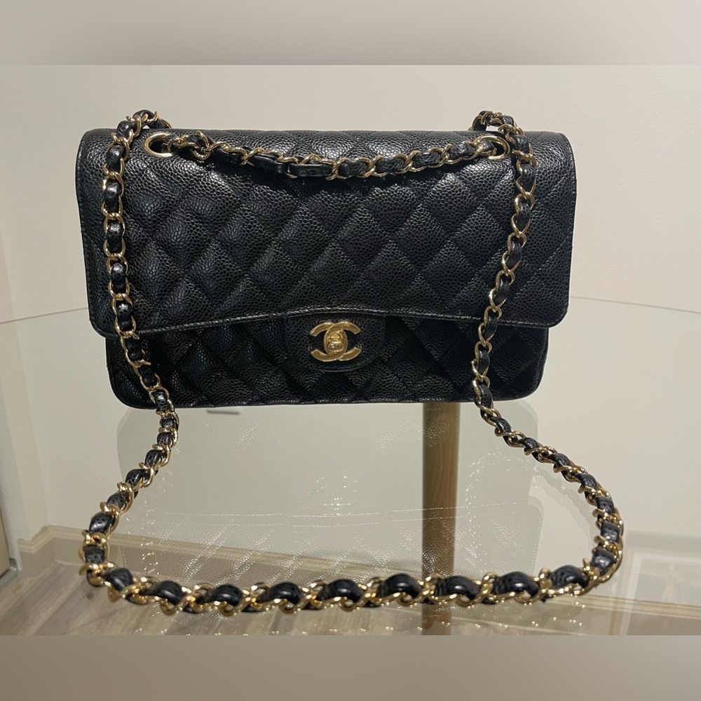 Chanel Classic Medium Handbag with Flap - Black Quilted Caviar Leather